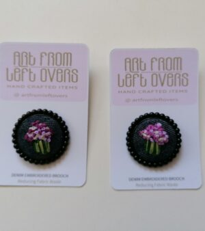 Hand Embroidered Brooch - Purple Flower Design (Round Black Metal Style)