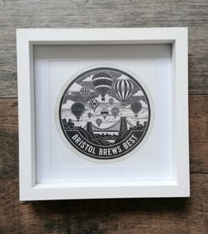Small Framed & Mounted Lino Print - "Bristol Brews Best" Clifton Suspension Bridge w/Hot Air Balloons