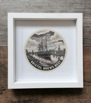 Small Framed & Mounted Lino Print - "Bristol Brews Best" SS Great Britain - White Frame 17cm x 17cm