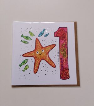 Square Greeting Card - Age 1 Starfish and Fishes Design "One Is Fun" 124.087