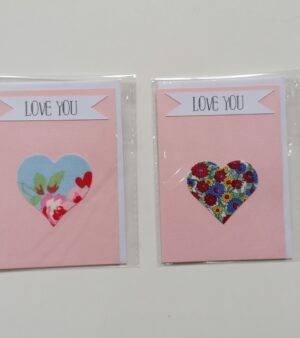 9cm x 12.5cm Handmade Greeting Card "I Love You" - (Various Designs w/Fabric heart Shape)