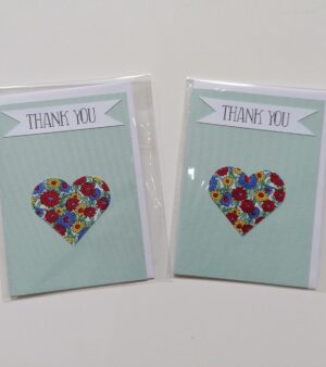 9cm x 12cm Handmade Greeting Card "Thank You" - (Various Designs w/Fabric heart Shape)