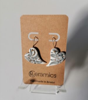 Handmade Dangly Ceramic Earrings - Sterling Silver With Gold Plating (White Heart Shape with Black Pattern)