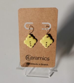 Handmade Dangly Ceramic Earrings - Sterling Silver With Gold Plating (Yellow Diamond Shape w/Gold Spots Design)