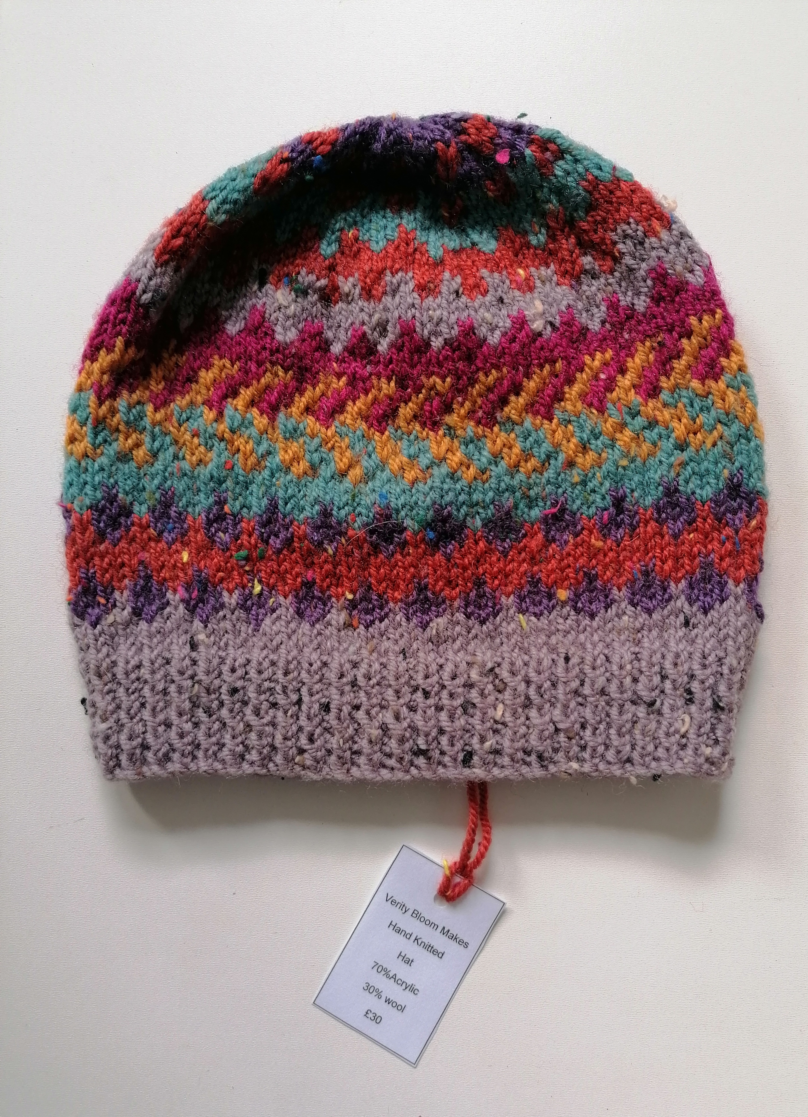 Hand Knitted 70% Acrylic Wool, and 30% Wool Hat - (Orange, Purple and Teal Colours)