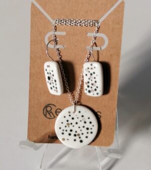 Handmade Dangly Ceramic Jewellery Set - Sterling Silver Chain And Hooks (Round White Pendant and Rectangular Earrings with Black and Gold Spots)