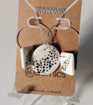 Handmade Ceramic Jewellery Set - Sterling Silver Chain And Hooks (Round White Pendant and Square Earrings with Black and Gold Spots)