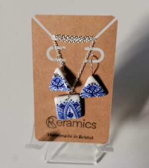 Handmade Ceramic Jewellery Set - Sterling Silver Chain And Hooks (Square White Pendant and Triangular Earrings)
