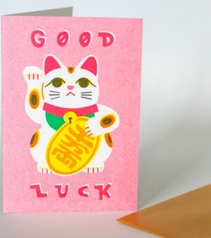 A6 Risograph Greeting Card - Maneki Neko ("Good Luck" Cat)