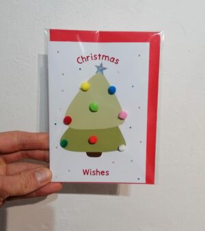A6 Xmas Greeting Card - "Christmas Wishes" Tree w/Pom-poms Design - (ABB154)