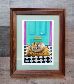 Framed and Mounted Giclée Print – Welcome Fox (w/Wooden Brown Frame 34.5cm x 42cm)