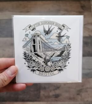 Original Greeting Card 12.5cm x 12.5cm - Clifton Suspension Bridge (Tattoo Style with Swallows)