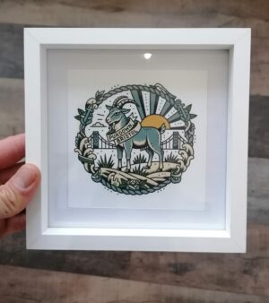 Small Framed & Mounted Lino Print - "Purdown Bristol" Clifton Suspension Bridge With Single Goat (Tattoo Style) - White Frame 17cm x 17cm