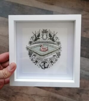 Small Framed & Mounted Lino Print - "St. Andrew's Park" Flamingo Float - White Frame 17cm x 17cm
