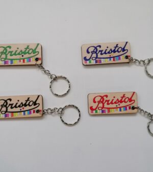 Bristol UK Keyring: Laser-Cut Wood w/Iconic Logo & Houses (128056)