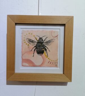 Original Framed Nature Series Bee Art -Etching On Collage Background 18cm x 18cm