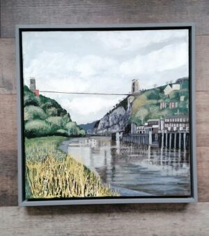 Framed Original Mixed Media - Suspension Bridge At Mid Tide (23" x 23")
