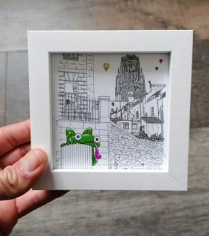 Mini Framed Bristol Print - Green Frog/Wills Memorial (White Frame 128066)