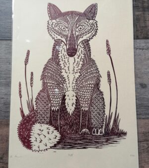 Original Limited Edition A3 Lino Print - "Fox" (Red/Brown Ink on 220gsm Cream Card) 006A3