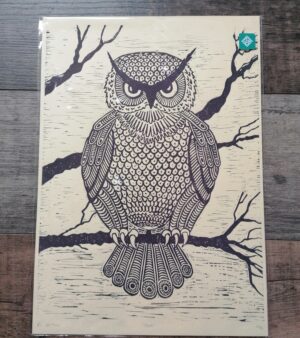 Original Limited Edition A3 Lino Print - "Owl" (Red/Brown Ink on 220gsm Cream Card) 003A3
