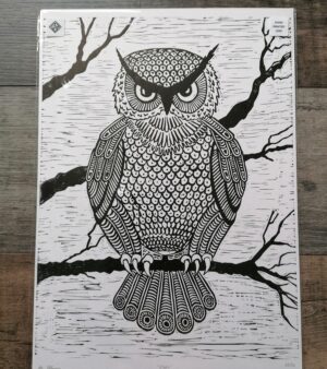 Original Limited Edition A3 Lino Print - "Owl" (Black Ink on 220gsm Cartridge Paper) 003A3