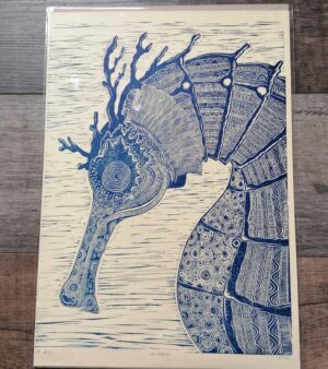 Original Limited Edition A3 Lino Print - "Seahorse" (Blue Ink on 220gsm Cream Card) 004A3