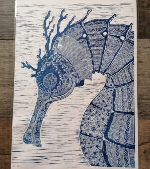 Original Limited Edition A3 Lino Print - "Seahorse" (Blue Ink on 220gsm Cartridge Paper) 004A3