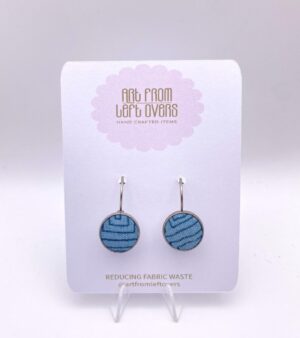 Handmade Fabric Leverback Hoop Earrings - (Light Blue With Line Pattern)