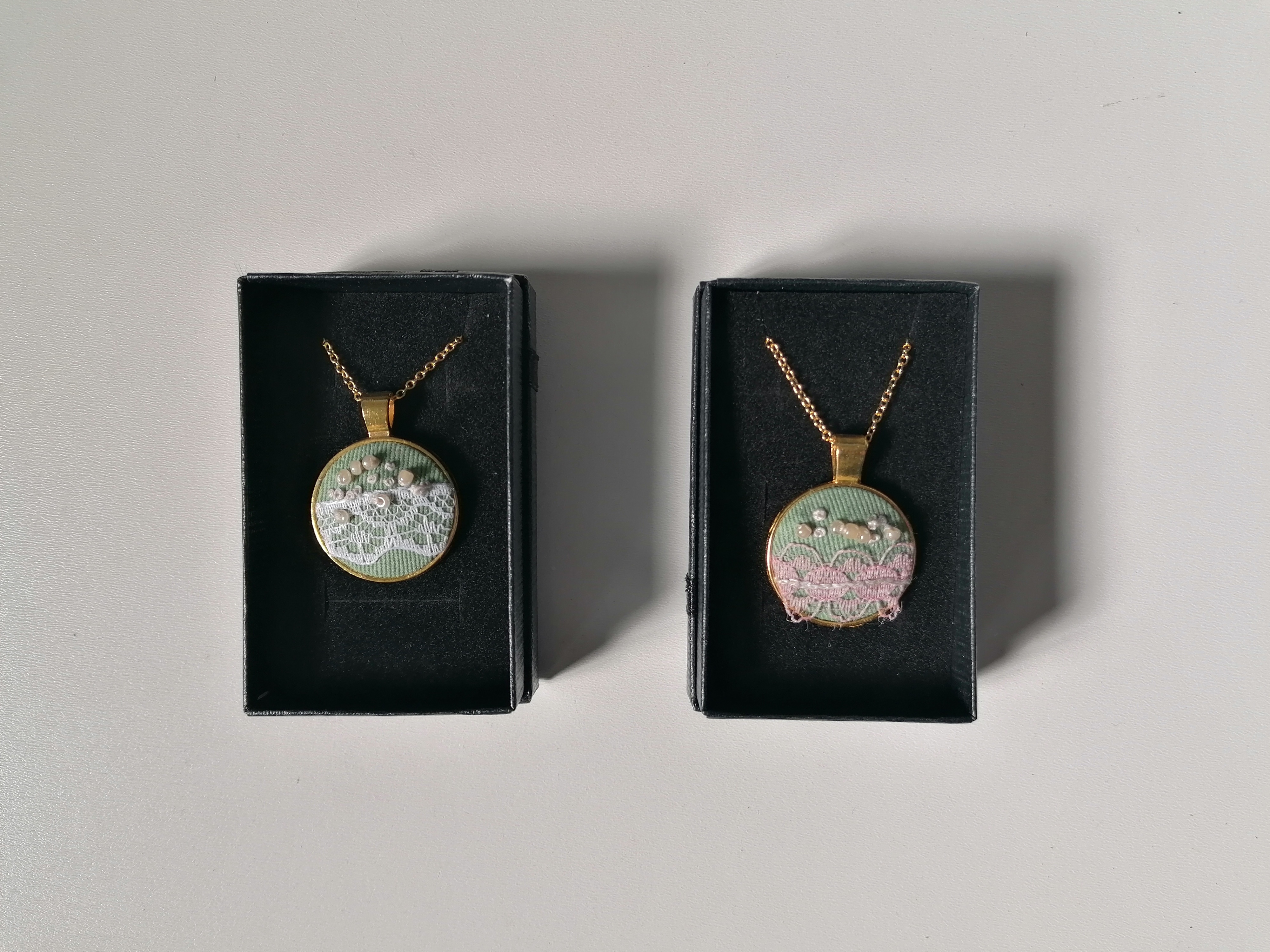 Handmade Embroidery Lace Necklace With Round Metal Golden Pendant (Various Designs)