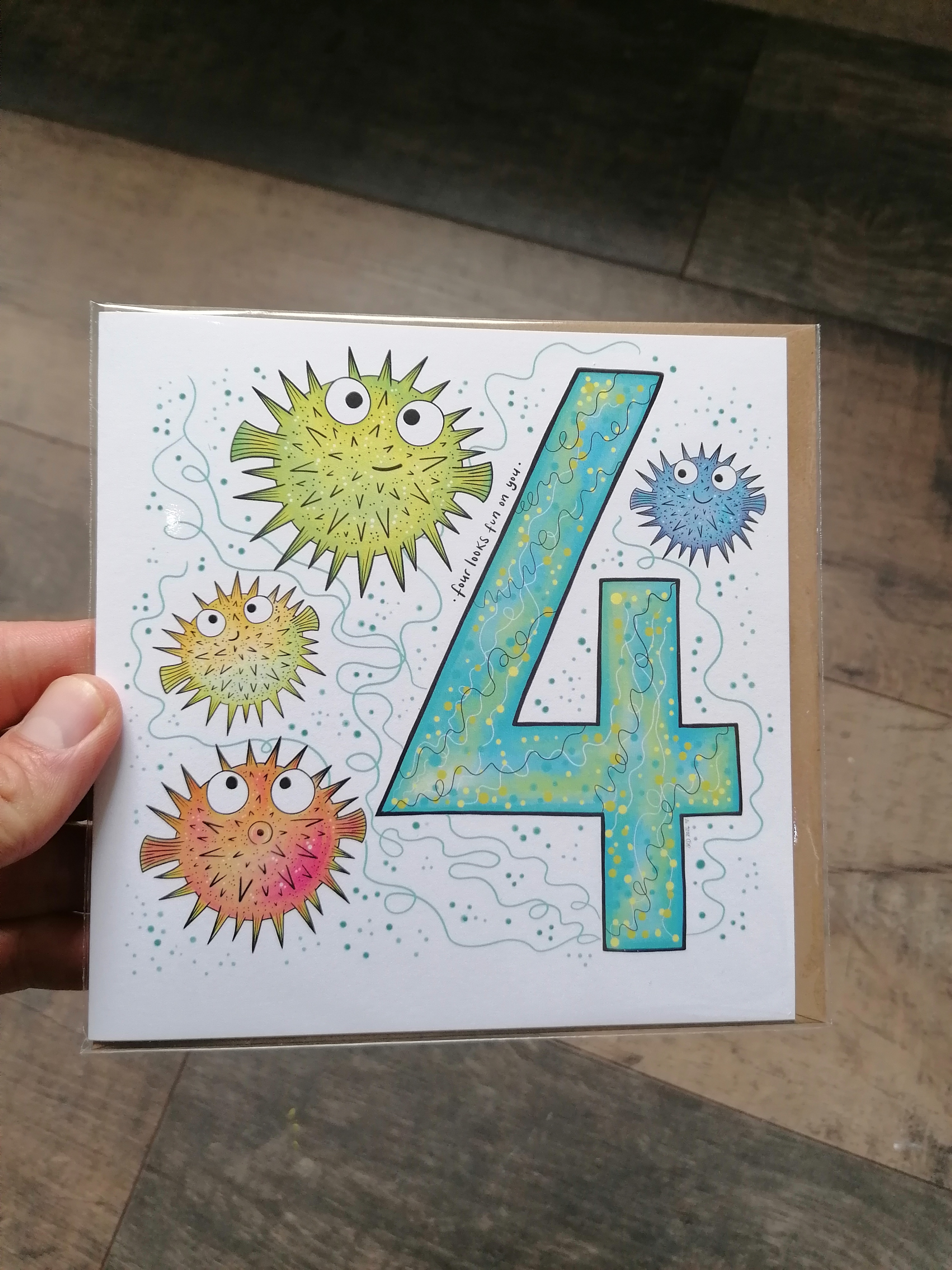 Square Greeting Card - Age 4 Pufferfishes Design "Four Looks Fun On You" 124134