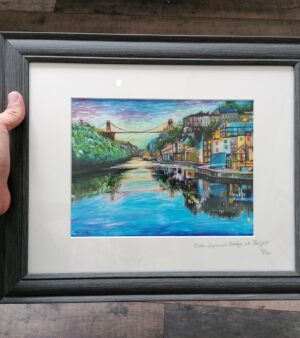 Framed Limited Edition Giclée Print – Clifton Suspension Bridge At Twilight (w/Dark Grey Wood Effect Frame 34.5cm x 42cm)