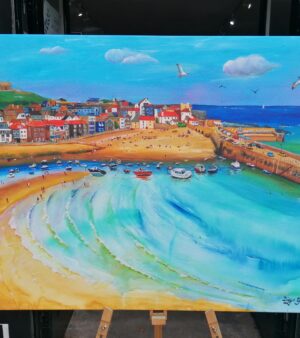 Original 30" x 40" Mixed Media Painting on Canvas (Spray Paint and Acrylic Paint) - St Ives Harbour