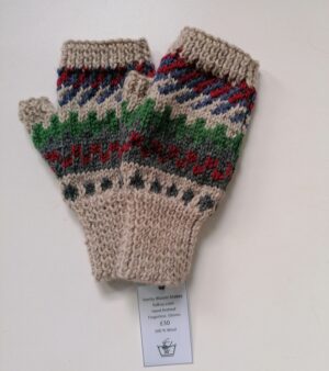 Hand Knitted Fingerless Gloves 100% Wool (Beige, Red and Grey Colours)