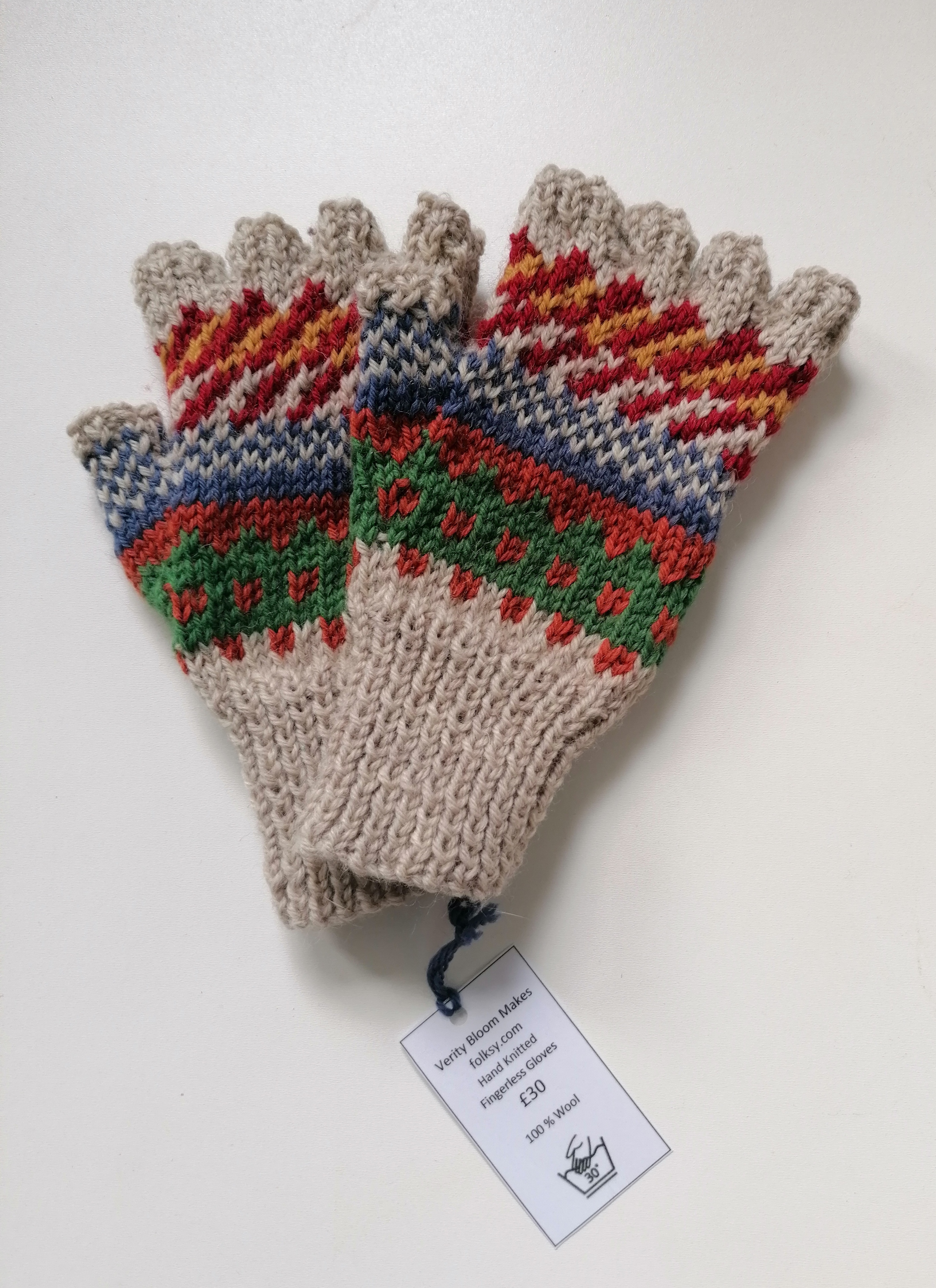 Hand Knitted Fingerless Gloves 100% Wool (Beige, Green and Red Colours)