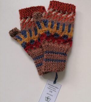 Hand Knitted Fingerless Gloves 100% Wool (Brown, Red and Orange Colours)