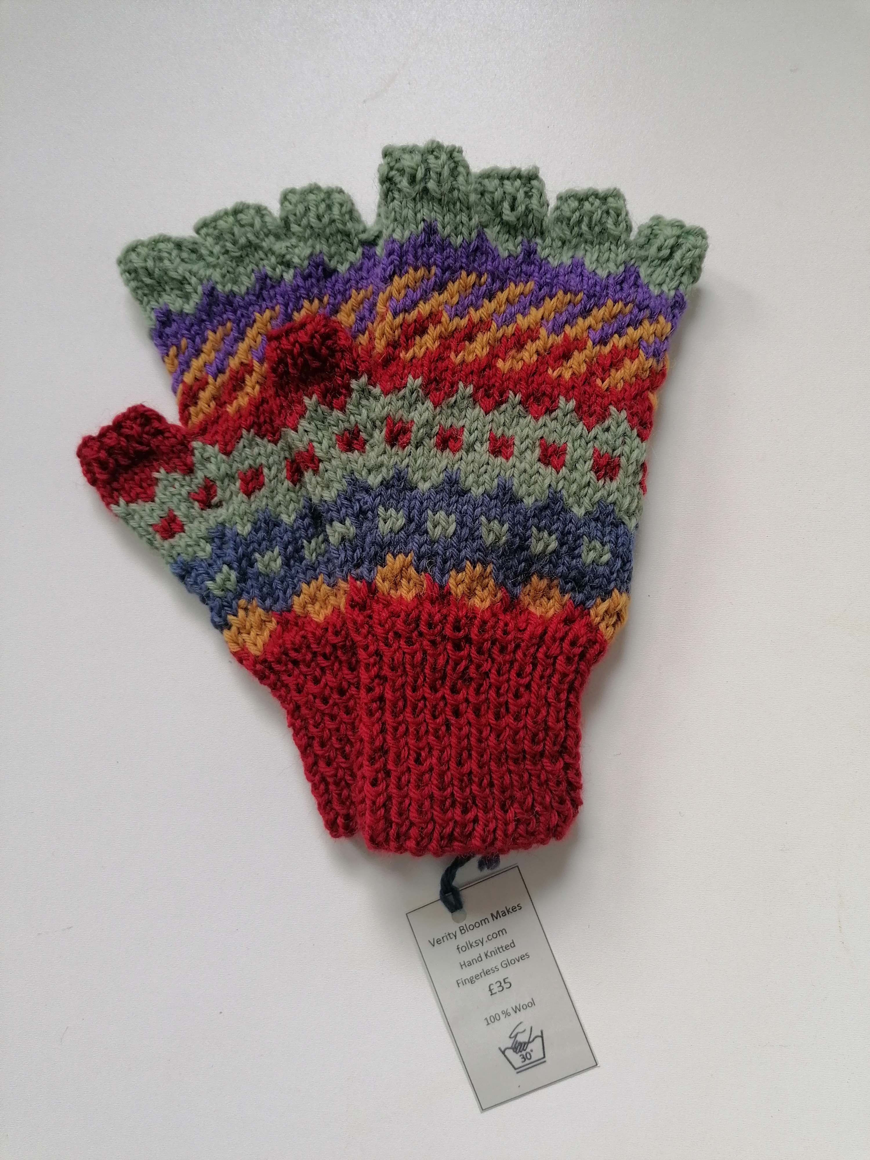 Hand Knitted Fingerless Gloves 100% Wool (Blue, Green and Red Colours)