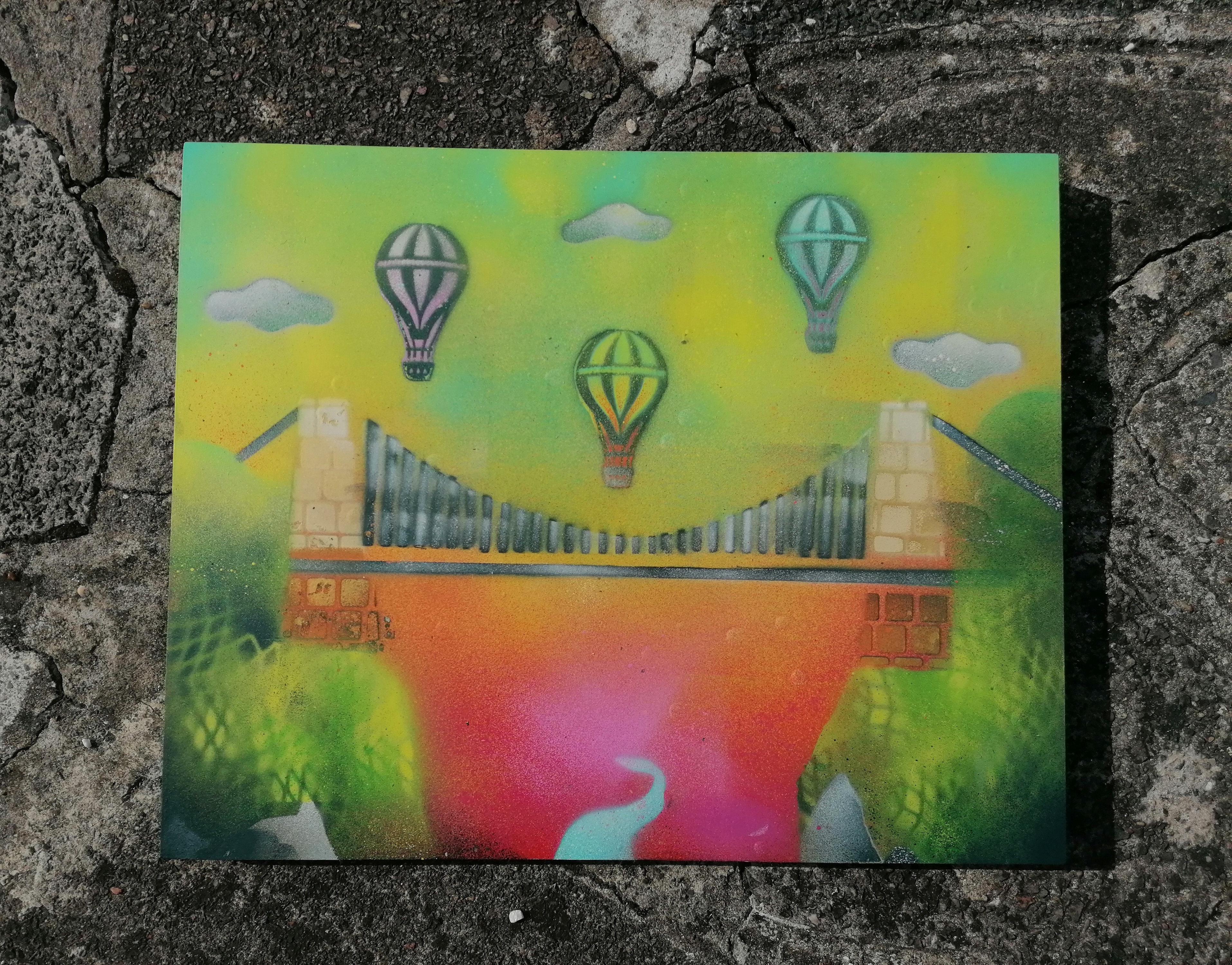 Original Spray Paint Artwork on Wooden Board - Bristol Scene Suspension Bridge and Balloons (51cm x 40.5cm)