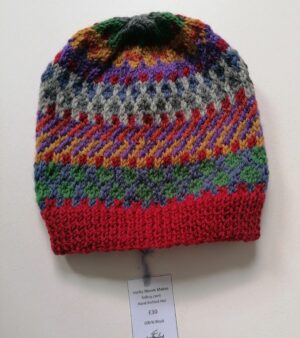 Hand Knitted 100% Wool Hat - (Red, Purple and Grey Colours)