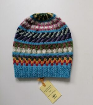 Hand Knitted 65% Wool And 35% Alpaca Hat - (Light Blue, Grey and Brown Colours)