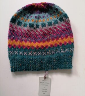 Hand Knitted 70% Acrylic Wool, and 30% Wool Hat - (Teal, Purple and Blue Colours)