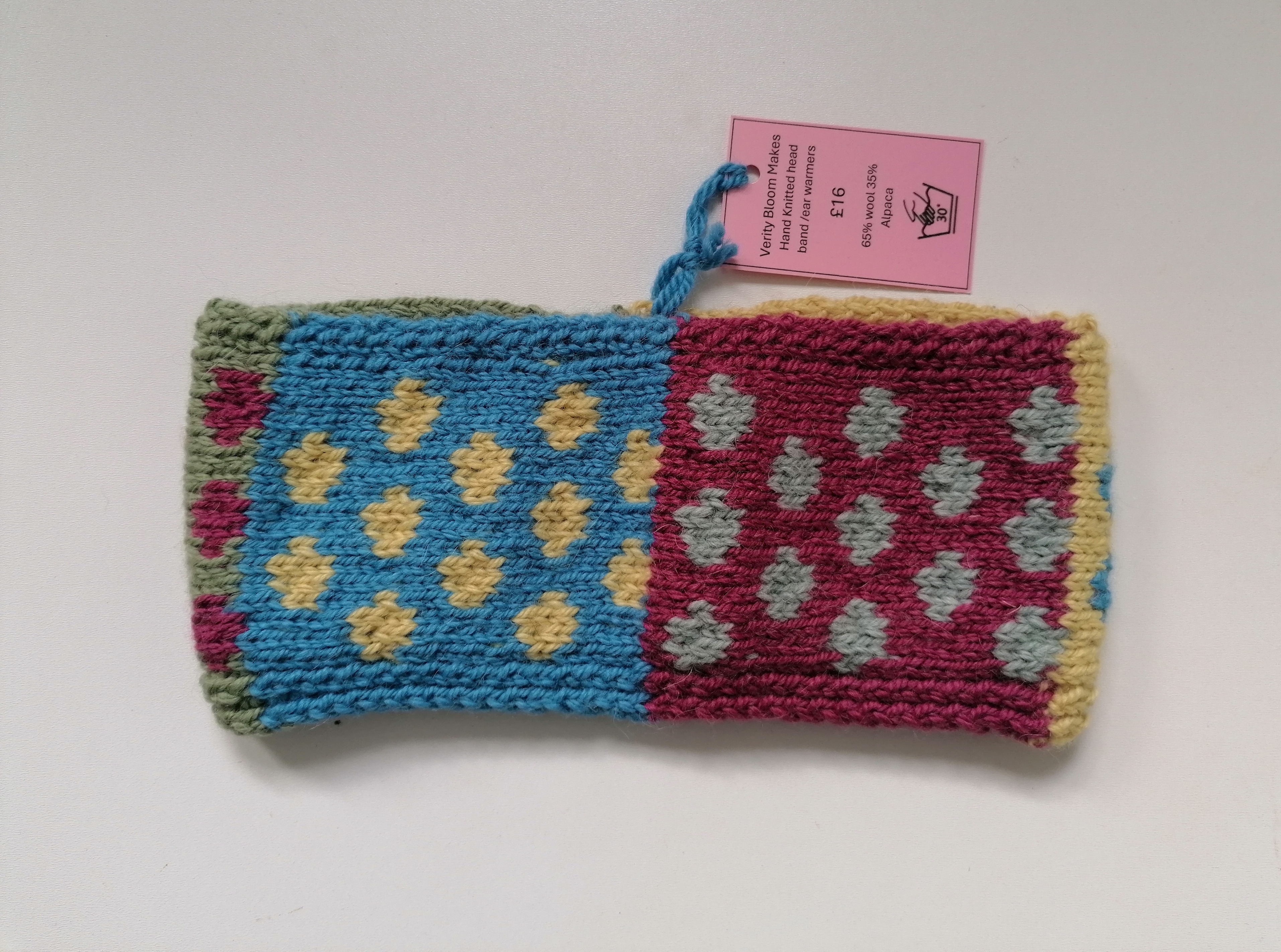 Hand Knitted 65% Wool And 35% Alpaca Head Band/Ear Warmer (Light Blue, Maroon, Yellow and Green Colours))