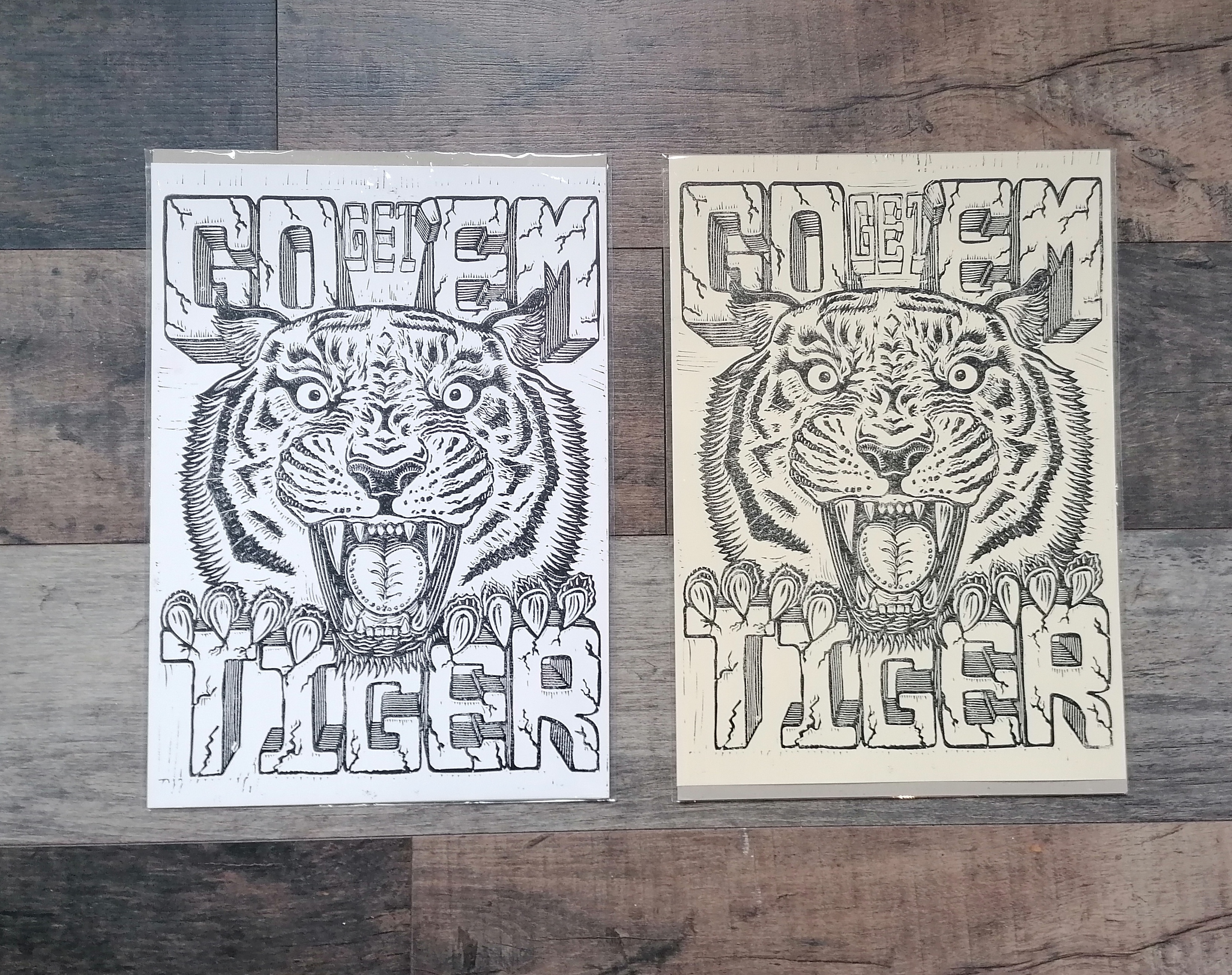 Original Limited Edition A3 Lino Print - "Go Get Them Tiger" (Printed on Various Coloured Paper)