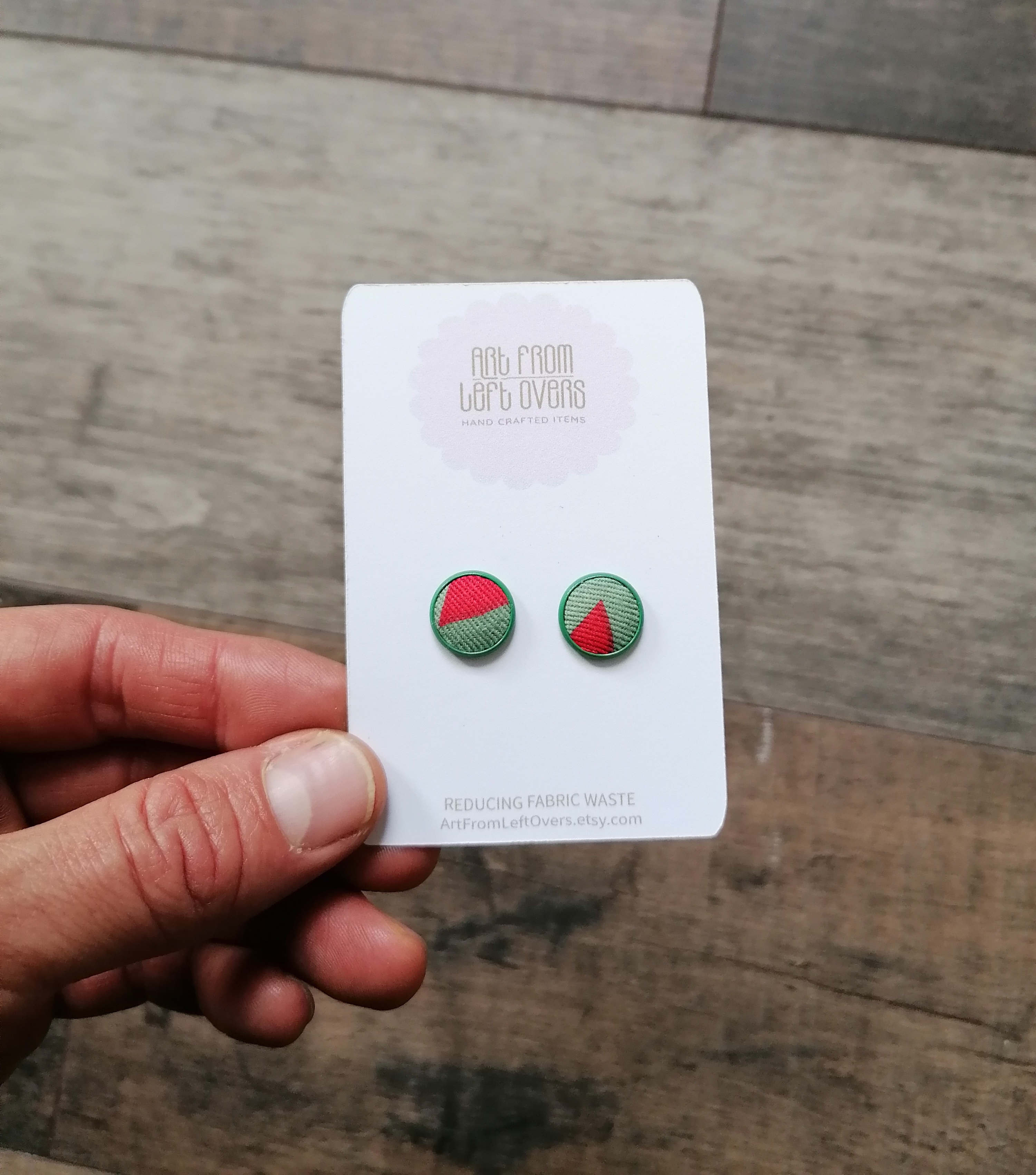 Handmade Fabric Stud Earrings - (Green And Red)